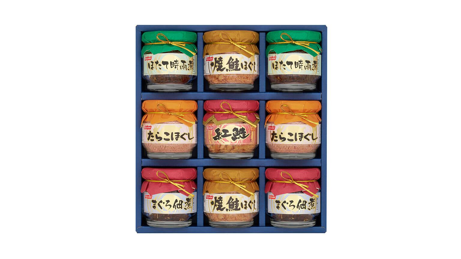 【写真】焼鮭ほぐし 55g 2個
たらこほぐし 50g 2個
まぐろ佃煮 50g 2個
ほたて時雨煮 50g 2個
紅ざけほぐし身 50g 1個