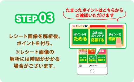 STEP03 レシート画像を解析後、ポイントを付与。※レシート画像の解析には時間がかかる場合がございます。