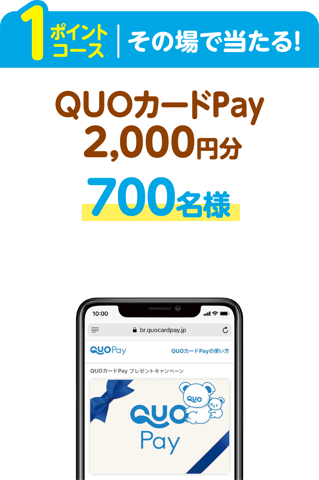 <1ポイントコース その場で当たる！> QUOカードPay 2,000円分 700名様