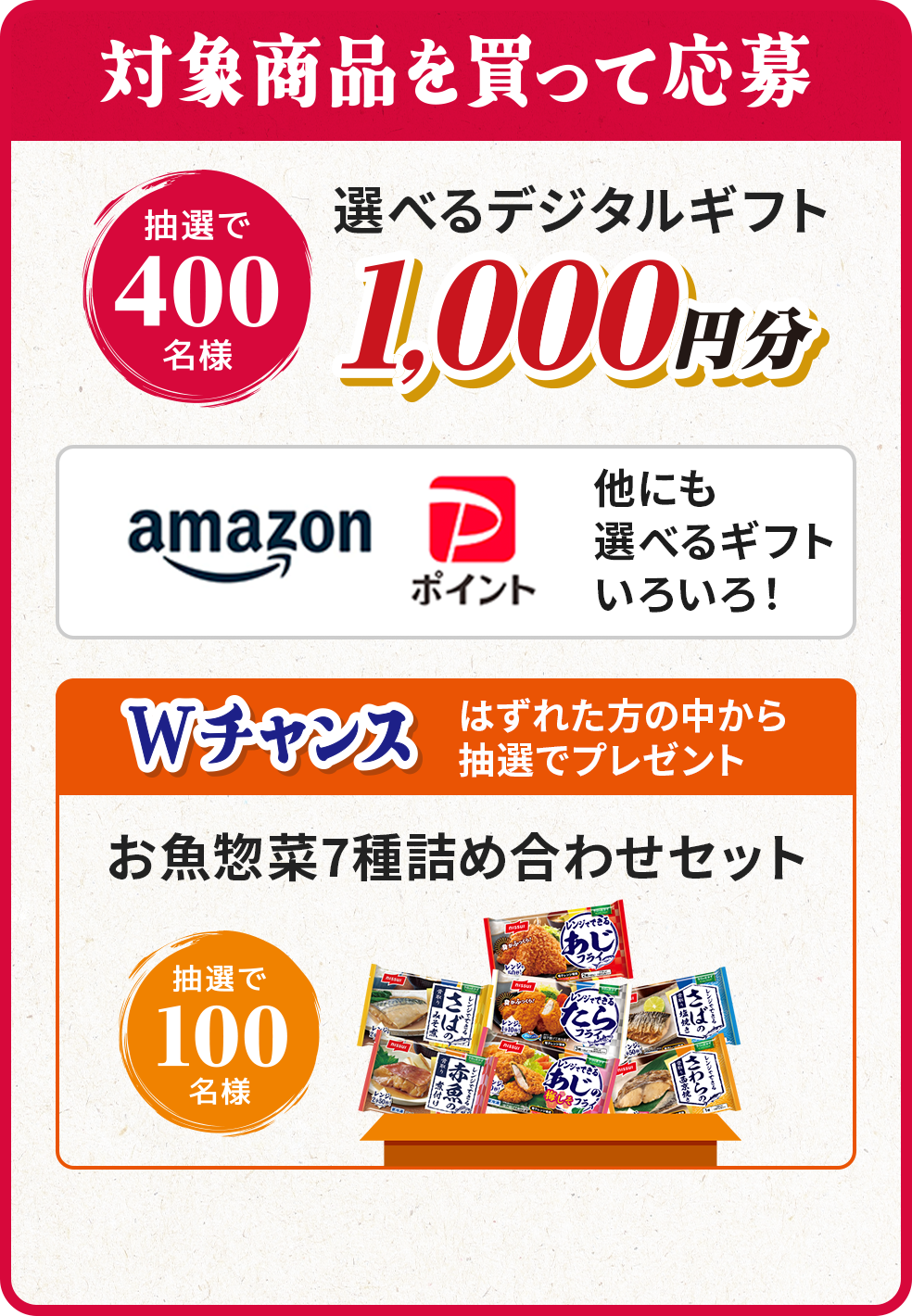 対象商品を買って応募 抽選で400名様 選べるデジタルギフト1,000円分 amazon PayPayポイント 他にも選べるギフトいろいろ！ Wチャンス はずれた方の中から抽選でプレゼント お魚惣菜7種詰め合わせセット 抽選で100名様