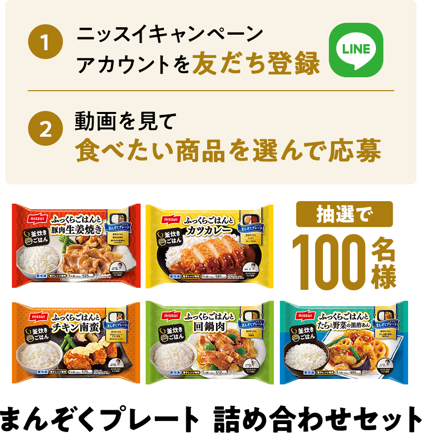 1.ニッスイキャンペーン アカウントを友だち登録 2.動画を見て 食べたい商品を選んで応募 抽選で100名様 まんぞくプレート 詰め合わせセット
