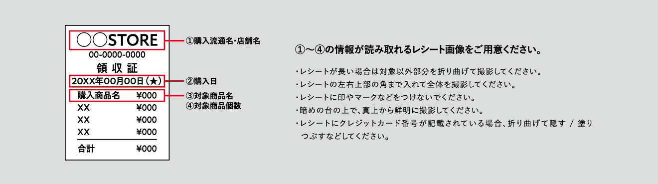 ①購入流通名・店舗名②購入日③対象商品名④対象商品個数 ①〜④の情報が読み取れるレシート画像をご用意ください。・レシートが長い場合は対象以外部分を折り曲げて撮影してください。・レシートの左右上部の角まで入れて全体を撮影してください。 ・レシートに印やマークなどをつけないでください。 ・暗めの台の上で、真上から鮮明に撮影してください。・レシートにクレジットカード番号が記載されている場合、折り曲げて隠す / 塗りつぶすなどしてください。