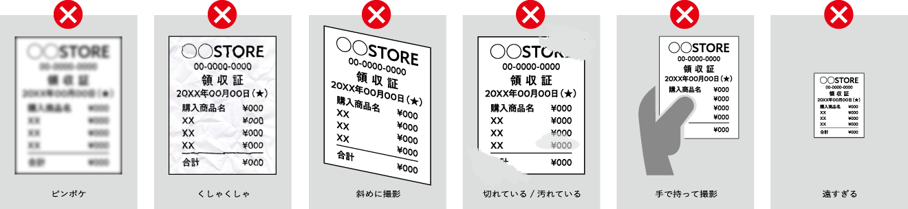 ピンボケ くしゃくしゃ 斜めに撮影 切れている / 汚れている 手で持って撮影 遠すぎる