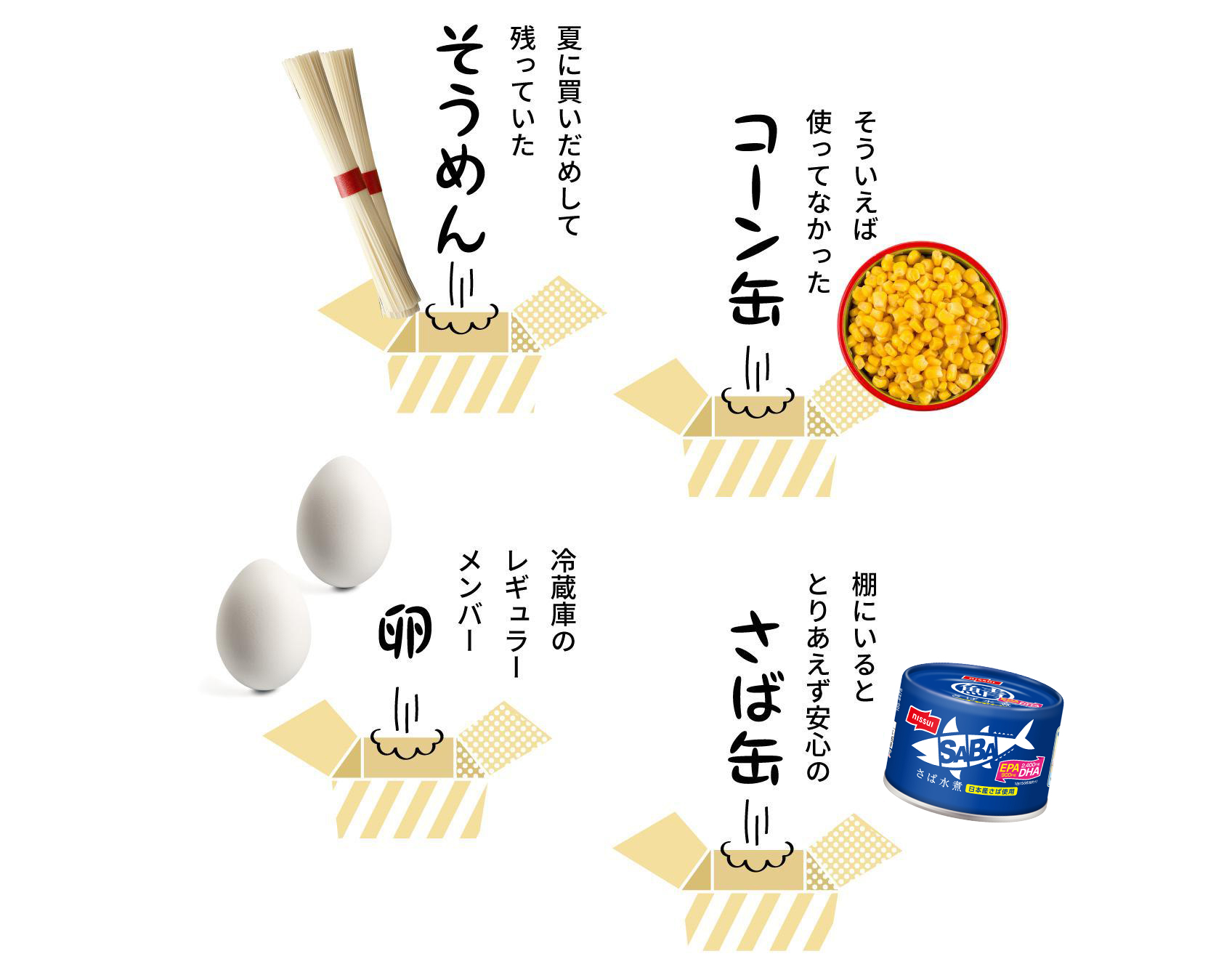 夏に買いだめして残っていたそうめん そういえば使ってなかったコーン缶 冷蔵庫のレギュラーメンバー卵 棚にいるととりあえず安心のさば缶