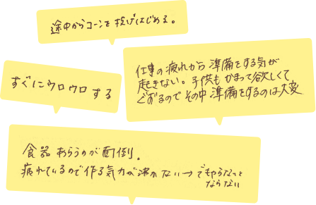 ユーザー調査コメントより抜粋「途中からコーンを投げはじめる」「すぐウロウロする」「仕事の疲れから準備をする気が起きない。子供もかまって欲しくてぐずるのでその中準備をするのは大変」「食器あらうのが面倒。疲れているので作る気力が沸かない→でもやらないといけない」