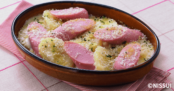 おさかなのソーセージとじゃがいものパン粉焼き レシピ ニッスイ おさかなのソーセージとじゃがいものパン粉焼き レシピ ニッスイ