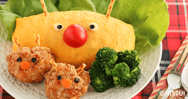 オムライスと竜田揚げで親子トナカイのお子様ランチ