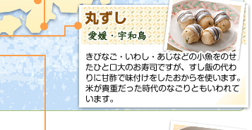 丸ずし
愛媛・宇和島
きびなご・いわし・あじなどの小魚をのせたひと口大のお寿司ですが、すし飯の代わりに甘酢で味付けをしたおからを使います。米が貴重だった時代のなごりともいわれています。