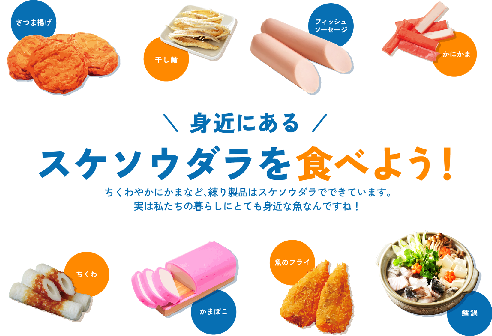 身近にあるスケソウダラを食べよう！ちくわやかにかまなど、練り製品はスケソウダラでできています。実は私たちの暮らしにとても身近な魚なんですね！ さつま揚げ 干し鱈 フィッシュソーセージ かにかま ちくわ かまぼこ 魚のフライ 鱈鍋