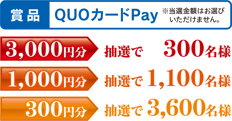 賞品:QUOカードPay ※当選金額はお選びいただけません。 3,000円分:抽選で300名様 1,000円分:抽選で1,100名様 300円分:抽選で3,600名様